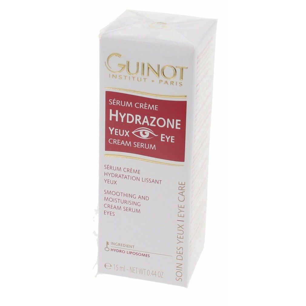 Productverpakking. Opschrift: Guinot, Hydrazone Yeux Eye Cream Serum. Witte verpakking met rood etiket.