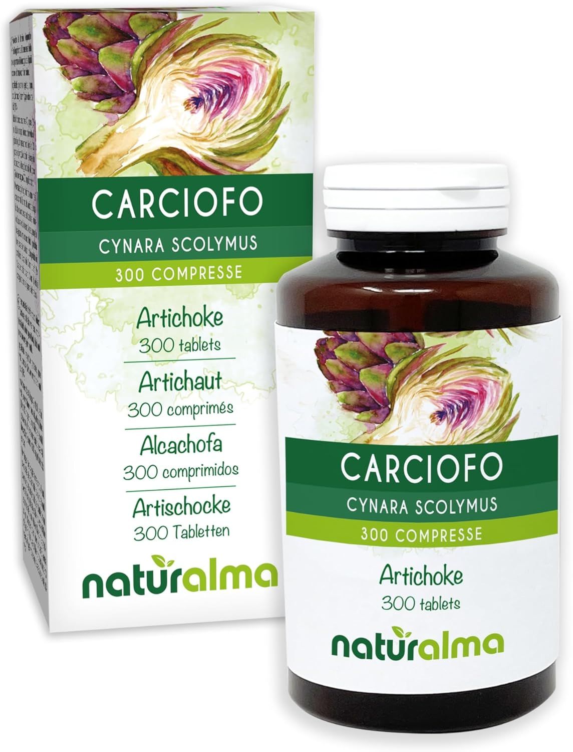 Comprimés d'artichaut en flacon marron et boîte. Texte: Carciofo Cynara scolymus, 300 comprimés. Logo Naturalma.