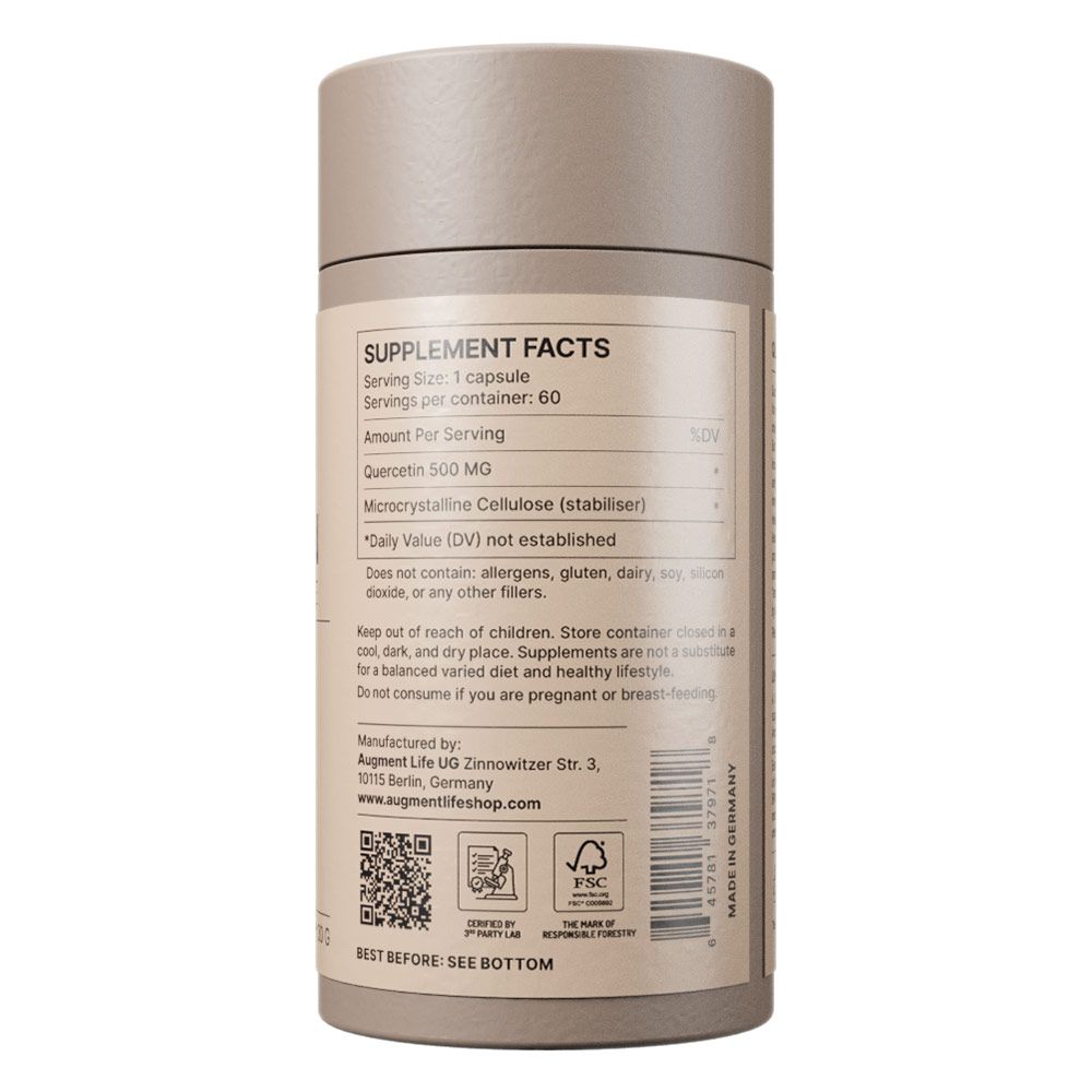 Étiquette de supplément nutritionnel avec Quercétine 500 mg, 60 gélules par contenant. Fabriqué en Allemagne.