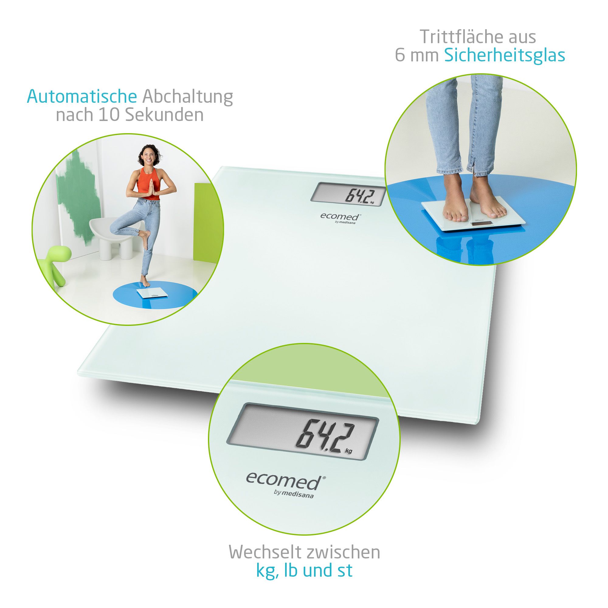 Balance personnelle blanche en verre avec affichage numérique (64.2 kg). Surface de marche en verre de sécurité de 6 mm.