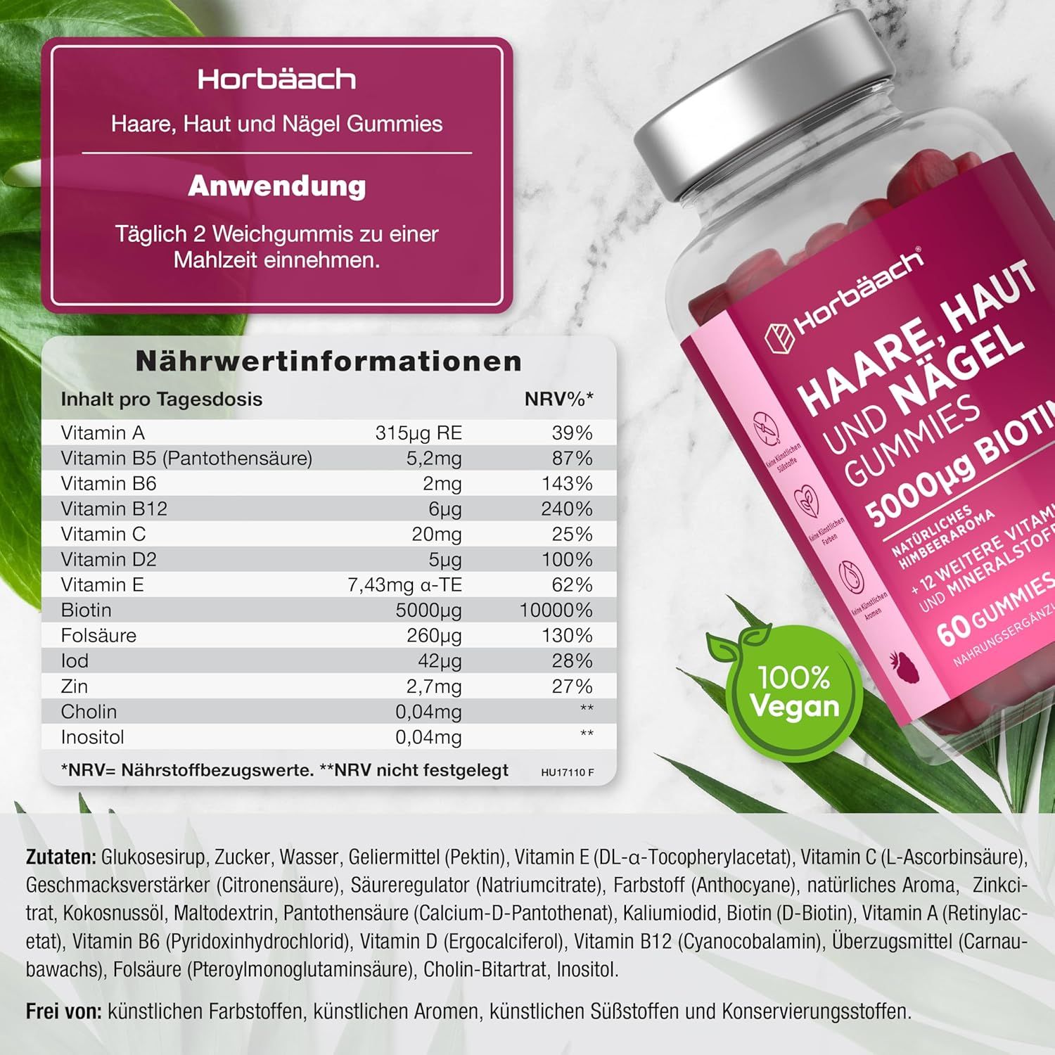 Tableau nutritionnel et instructions. Texte "Haare, Haut und Nägel Gummies", 5000µg Biotine, 60 gummies. Vegan.