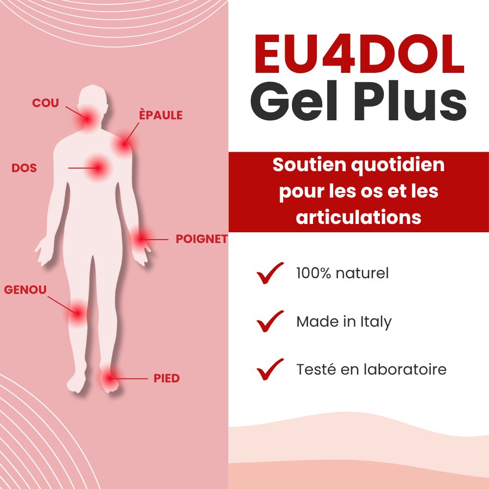 Graphique avec parties du corps et marquages rouges. Texte: Cou, épaule, main, genou, dos, pied.