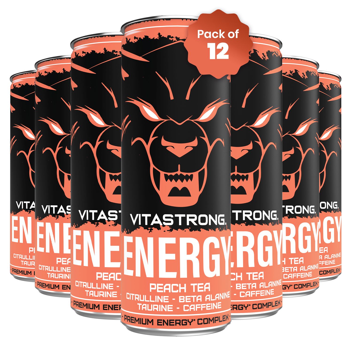 Verpakking van 12 blikjes perzikt thee. Tekst: Vitastrong Energy Peach Tea. Blikje met wolfsgezicht en tekst: Energy, Peach Tea.