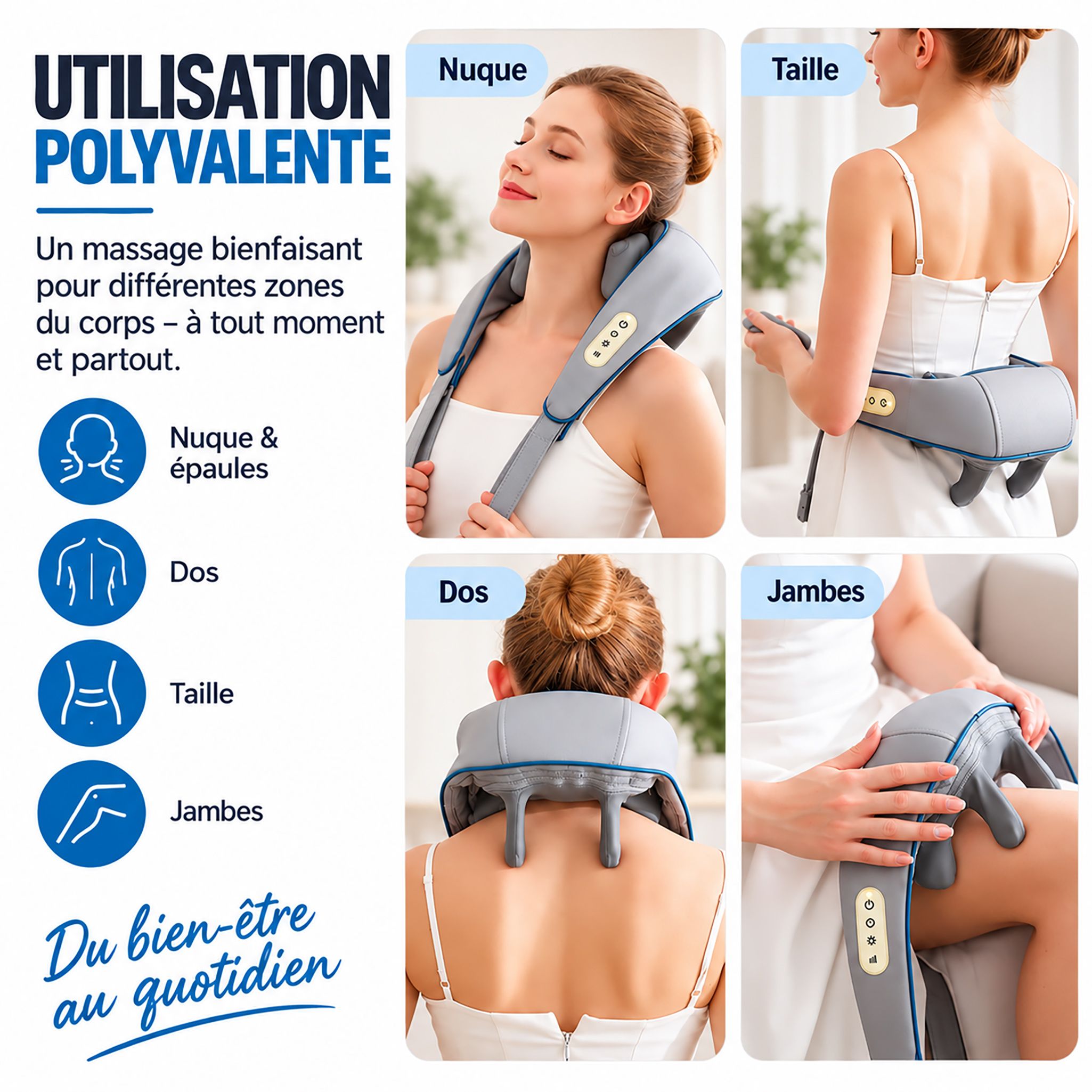 Masseur de nuque gris avec 4 têtes de massage, vue de face.