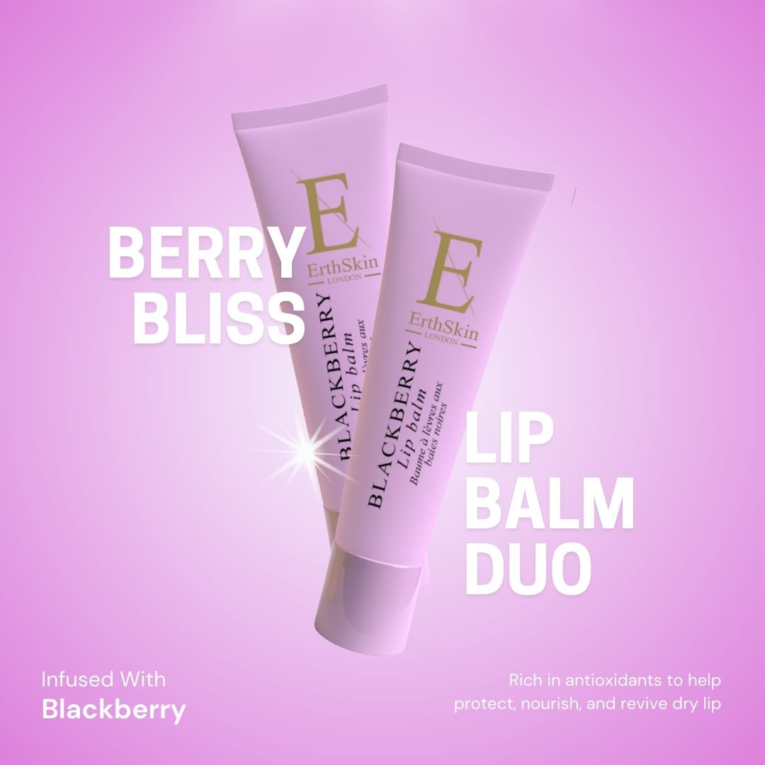 Deux tubes de baume à lèvres roses. Inscription: Berry Bliss, Blackberry Lip Balm. Marque: ErthSkin London.