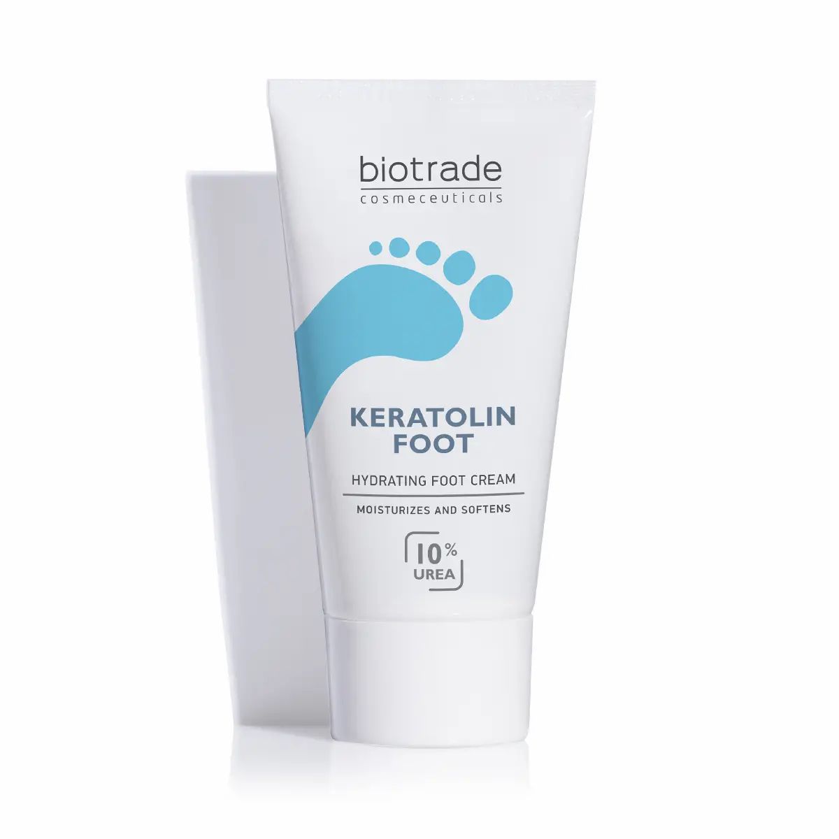 Tube blanche avec impression. Illustration d'empreinte de pied bleue. Inscription : Keratolin Foot, Hydrating Foot Cream, 10% Urea.