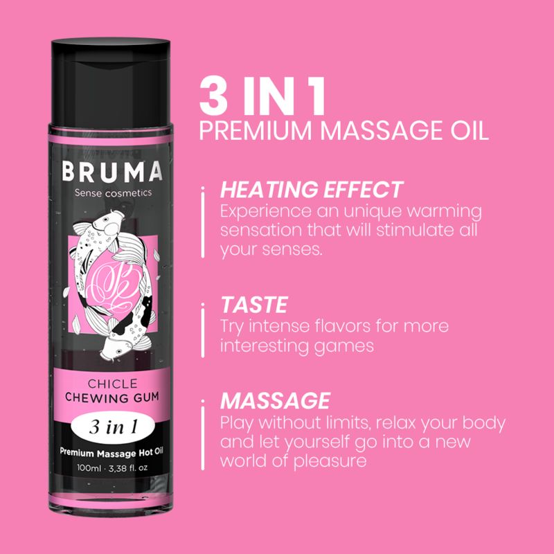BRUMA 3-in-1 massageolie fles met koi-visontwerp en tekstinformatie.