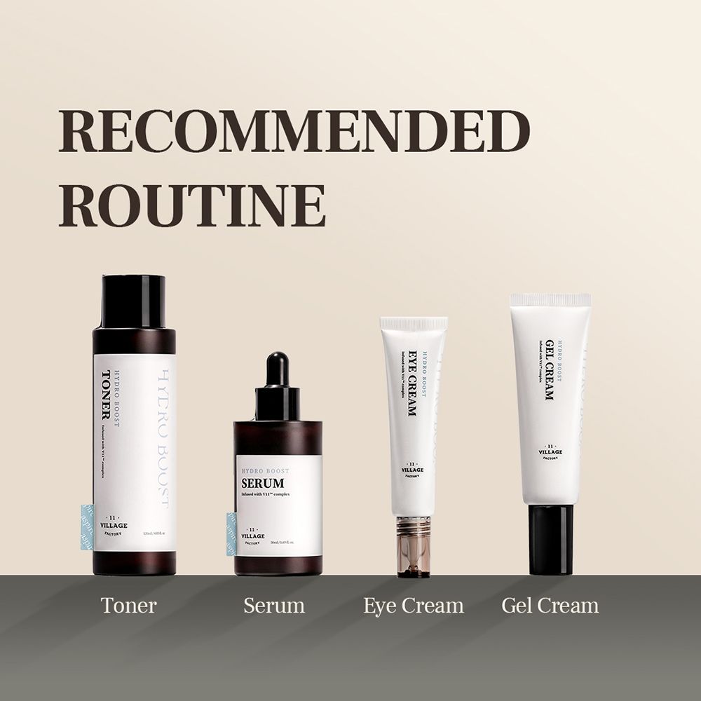 Aanbevolen routine met toner, serum, oogcrème en gelcrème. Alle producten dragen het logo 11 VILLAGE FACTORY.