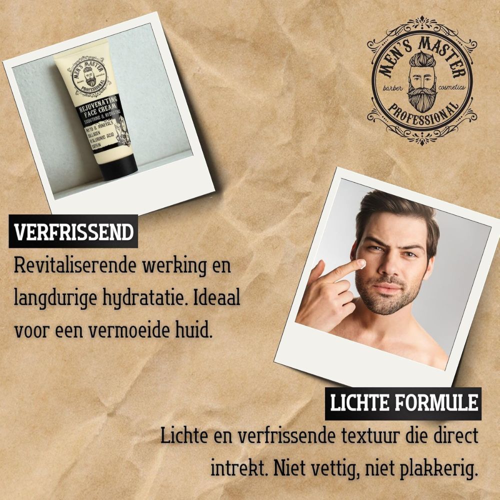 Twee foto's. Crèmetube en man. Tekst: Verfrissend, lichte formule.