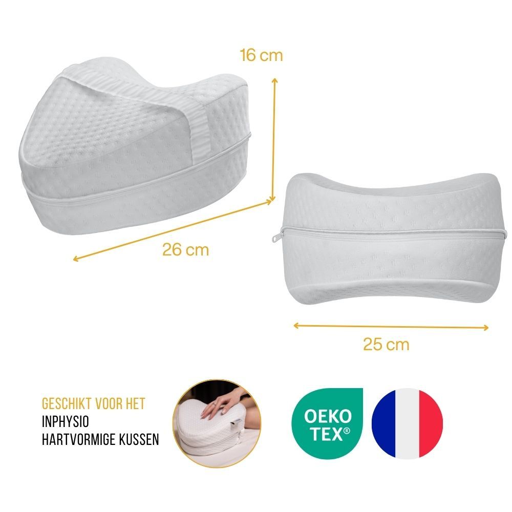 Witte hoes voor ergonomisch hartvormig kussen. Afmetingen: 26x16 cm, 25 cm. Oeko-Tex-certificering. Franse vlag.