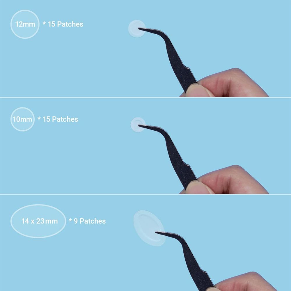 Trois prises de vue montrent des patchs anti-boutons de différentes tailles, tenus par une pince à épiler. Tailles : 12mm, 10mm, 14x23mm.