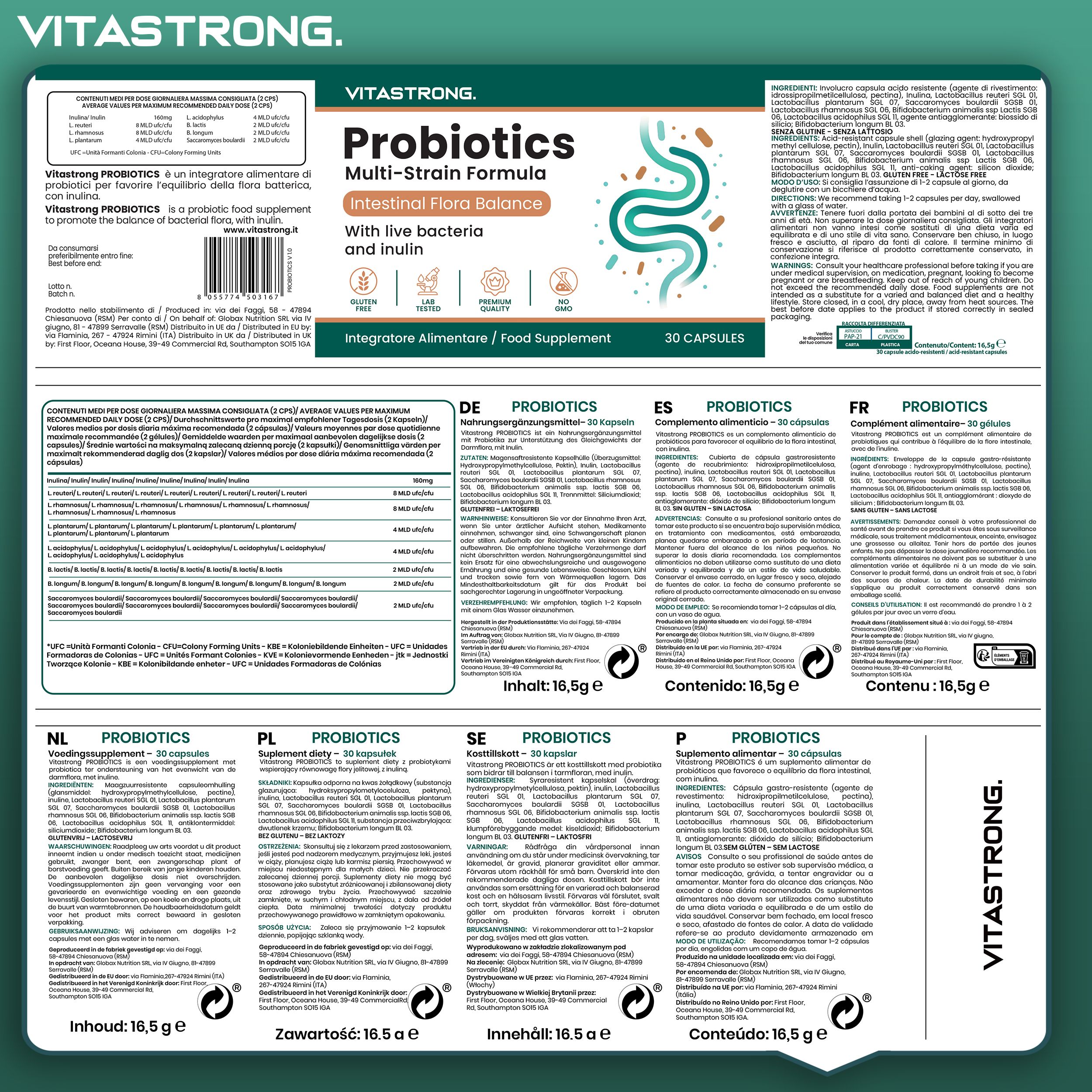 Achterkant van de Vitastrong Probiotics verpakking. Tekst in verschillende talen. Bevat informatie over ingrediënten en gebruik.