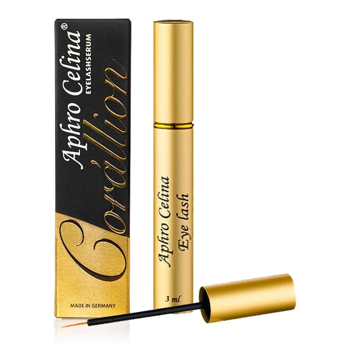 Flacon et emballage dorés. Applicateur noir. Inscription : Aphro Celina, Corallion, Eyelash Serum, Made in Germany.