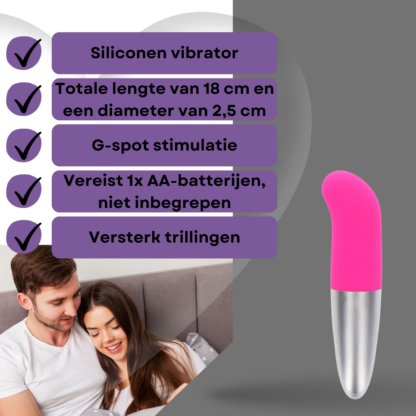 Roze en zilveren vibrator. G-spot stimulatie. Vereist AA-batterij. Sterke vibraties.