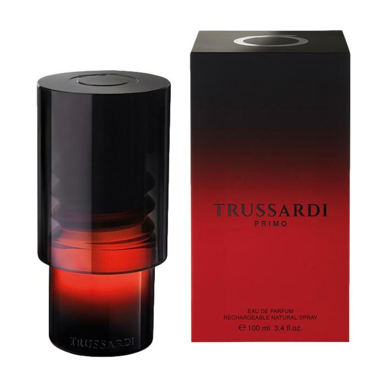 Flacon et emballage. Flacon cylindrique noir-rouge. Emballage noir-rouge avec "TRUSSARDI PRIMO".