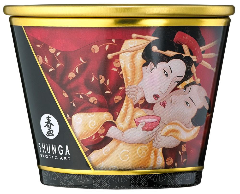 Massagekaars met Japanse kunstdecoratie, rode rand en gouden dop.