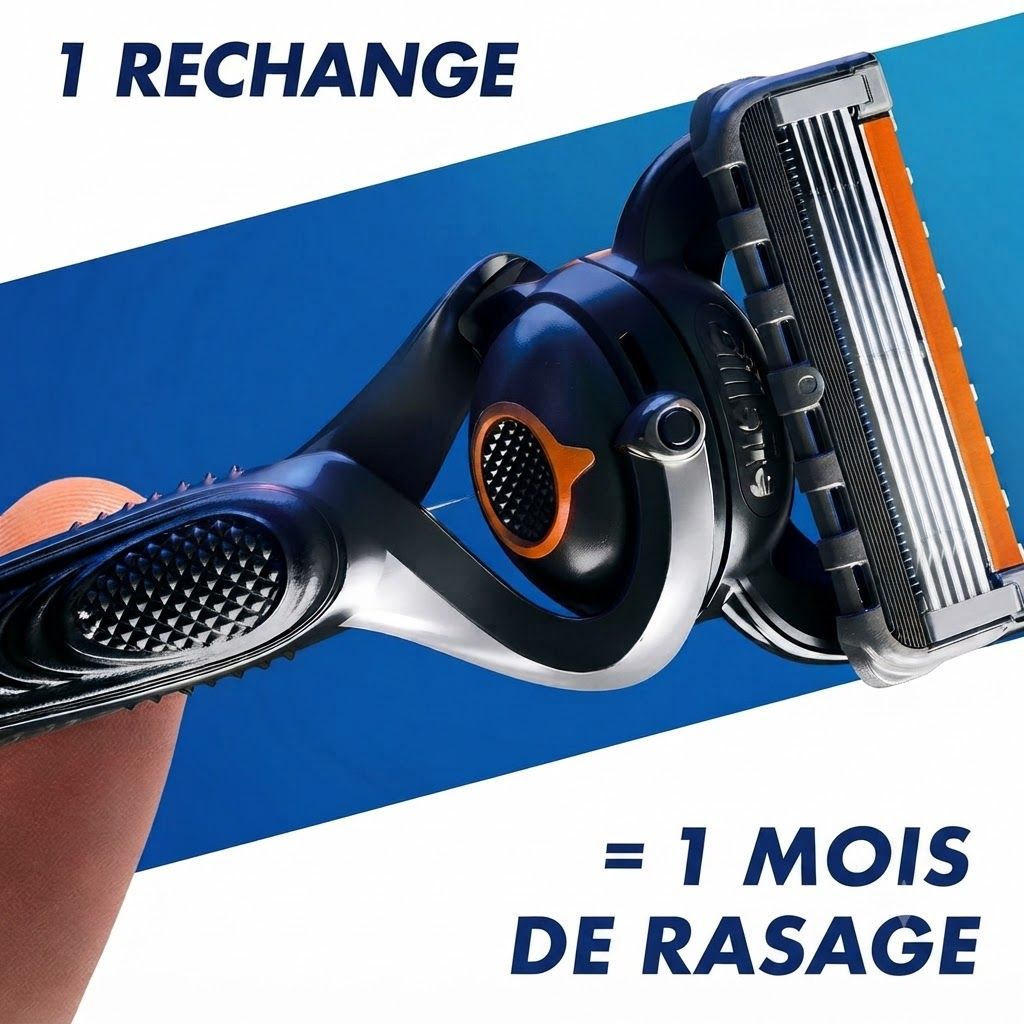 Rasoir avec manche noir, accents argentés et lame à cinq bandes. Un anneau orange est visible.