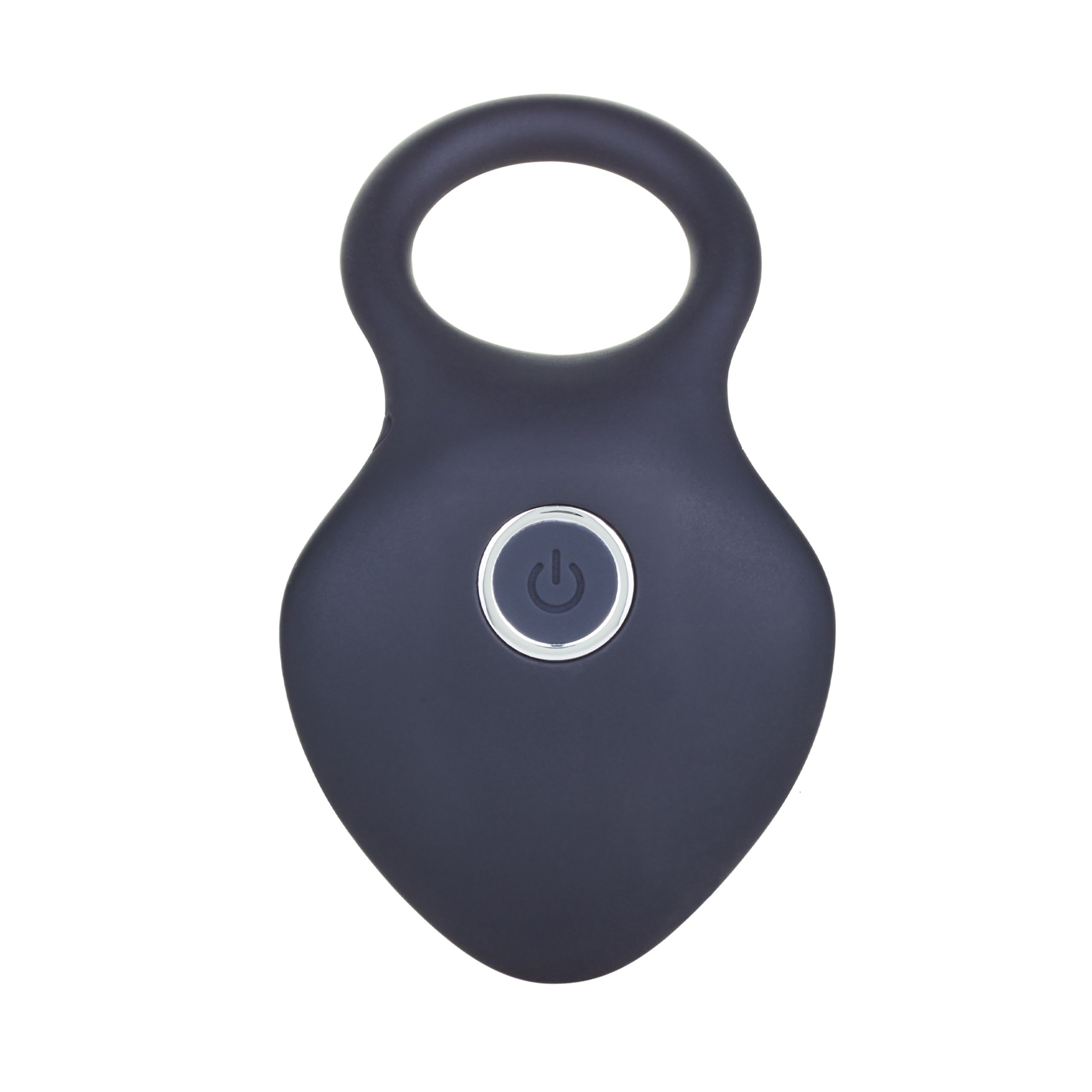 Produit de bien-être gris foncé avec poignée et bouton. Le bouton affiche un symbole marche/arrêt.