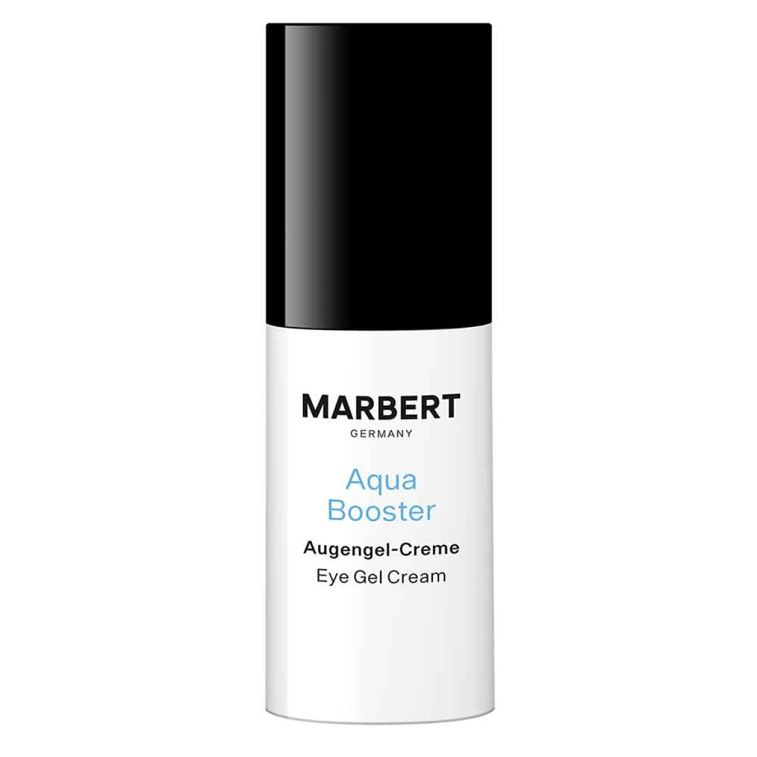 Flacon cylindrique avec bouchon noir. Inscription: MARBERT, Aqua Booster Augengel-Creme, Eye Gel Cream.