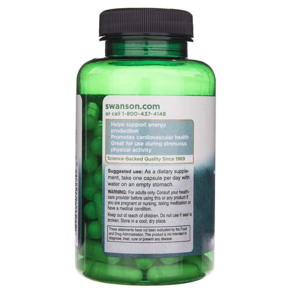 Bouteille verte de Taurine Swanson, arrière avec instructions d'utilisation et avertissements.
