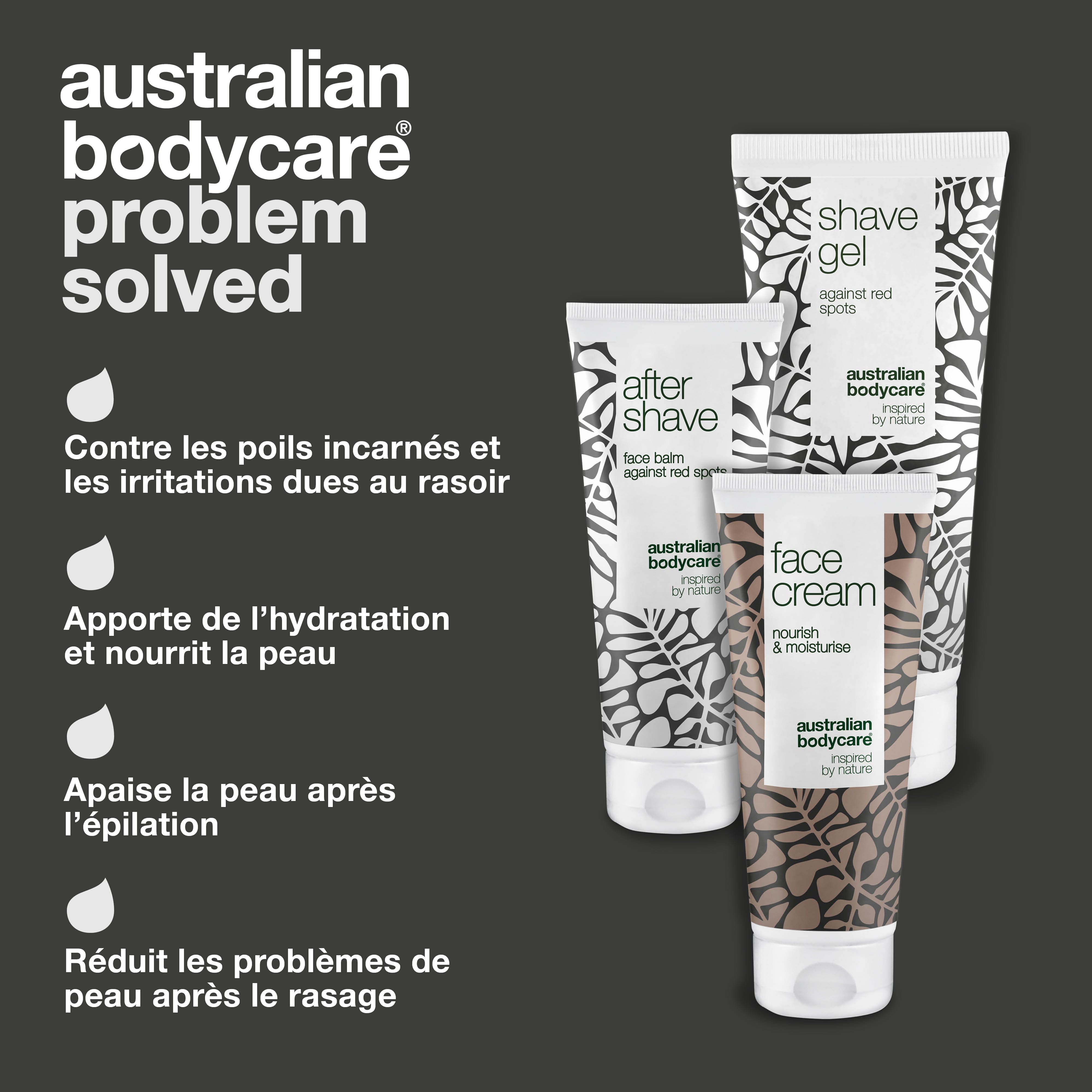 3 tubes. Inscriptions : Shave Gel, After Shave, Face Cream. Marque : Australian Bodycare. Texte : Problème résolu.