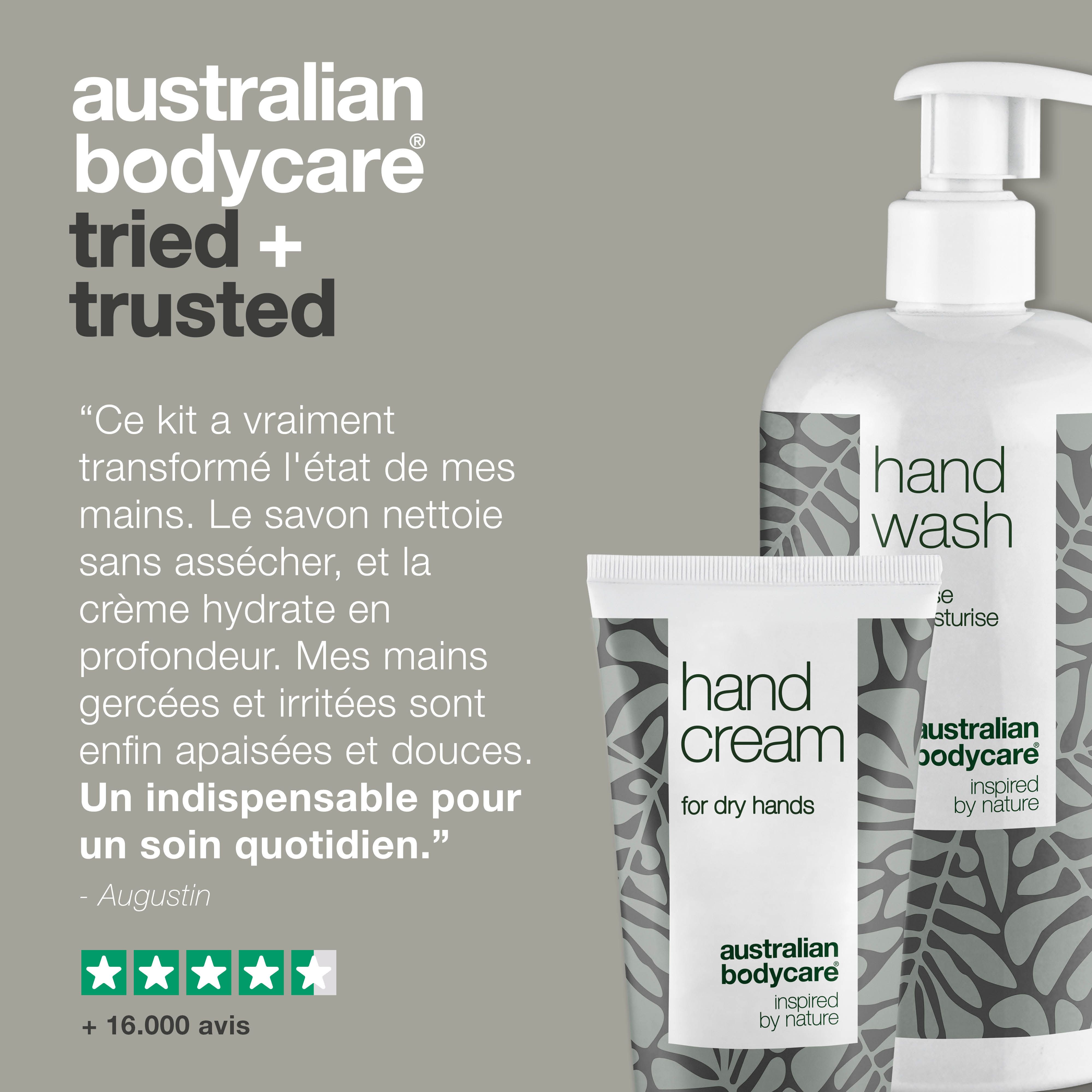 Lotion lavante et crème pour les mains. Texte : Après des années de lutte contre les mains sèches et gercées, ce kit a apaisé ma peau.