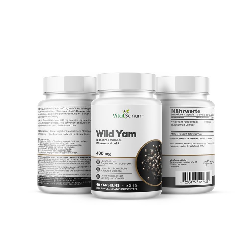 Trois flacons blancs VitaSanum Wild Yam. Inscription : 400 mg, 60 gélules. Étiquettes avec informations et valeurs nutritionnelles.