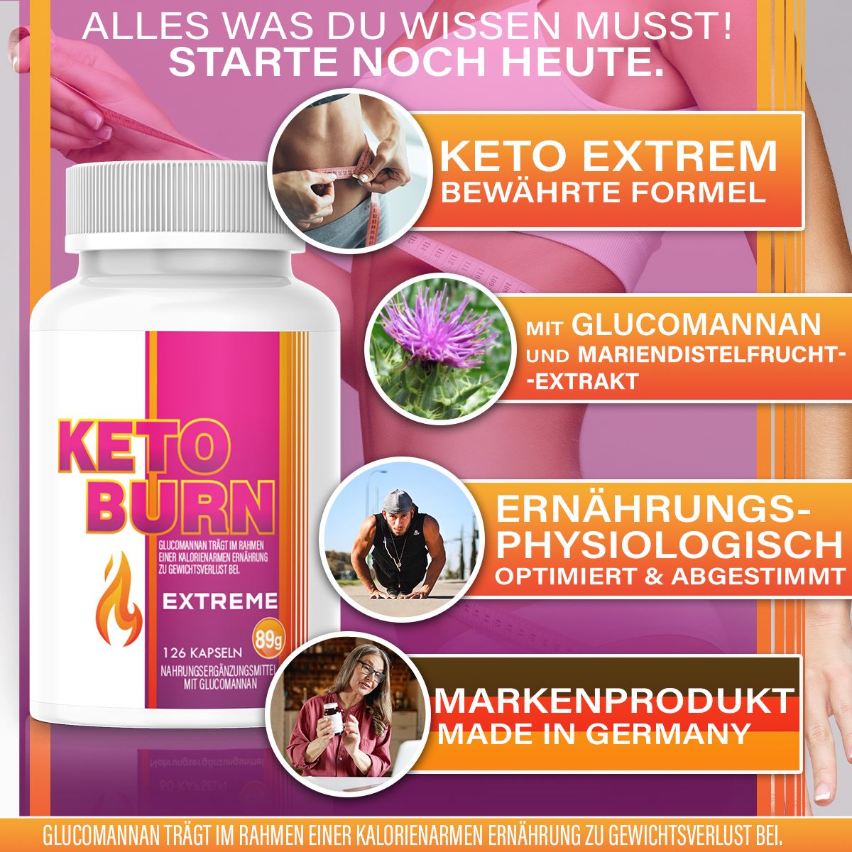 Flacon blanc KETO BURN avec informations supplémentaires. Images de femme, homme, fleur. Texte : FORMULE ÉPROUVÉE, MADE IN GERMANY.