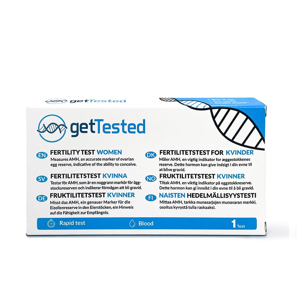 GetTested vruchtbaarheidstest voor vrouwen. Witte verpakking met blauwe accenten. Meertalige informatie.
