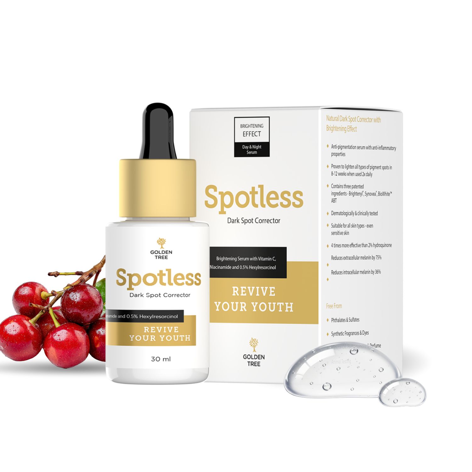 Sérum correcteur de taches brunes Golden Tree Spotless avec pipette et emballage, à côté de cerises.