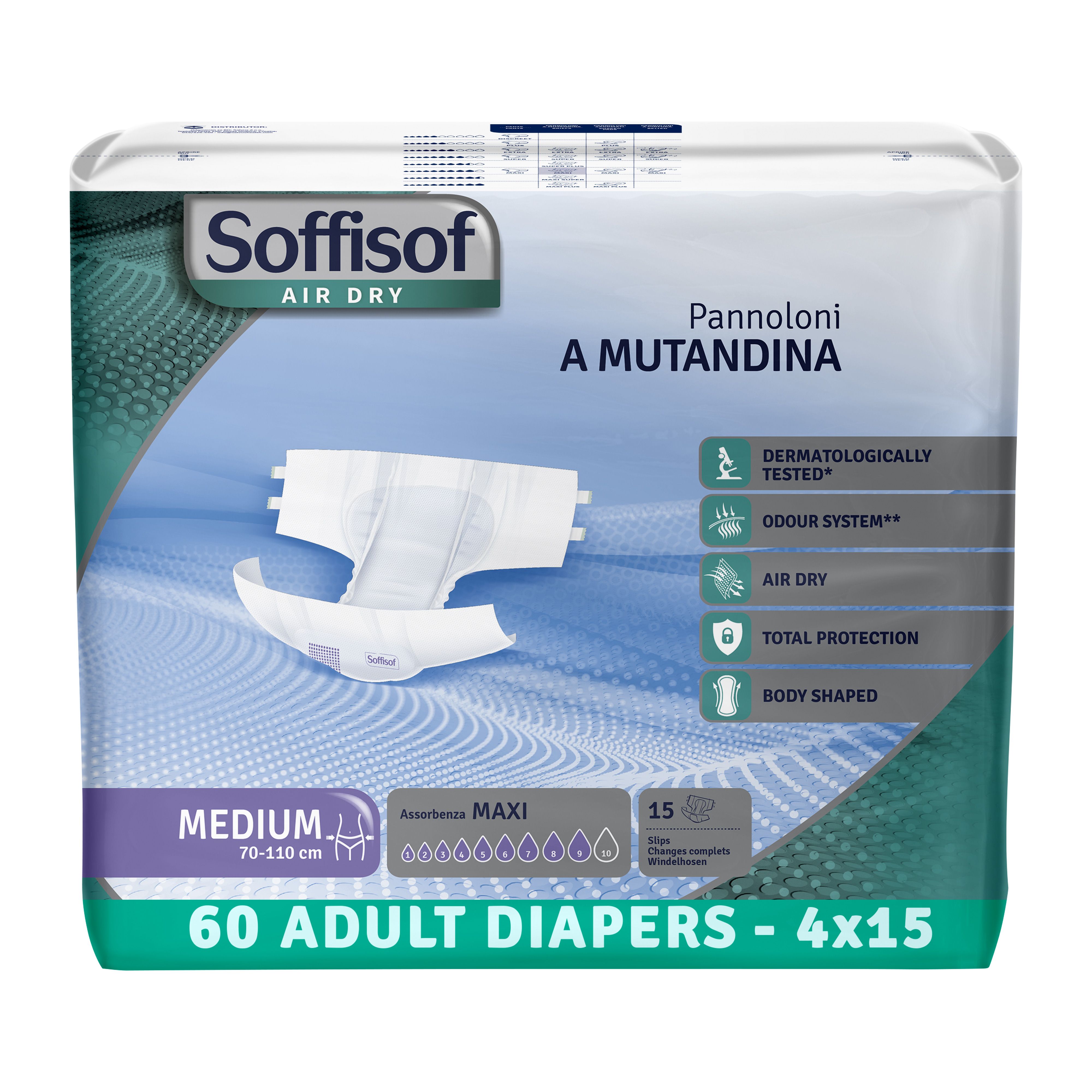 Verpakking Soffisof Air Dry Maxi volwassen luiers. Medium, 70-110 cm. 60 stuks. Dermatologisch getest.