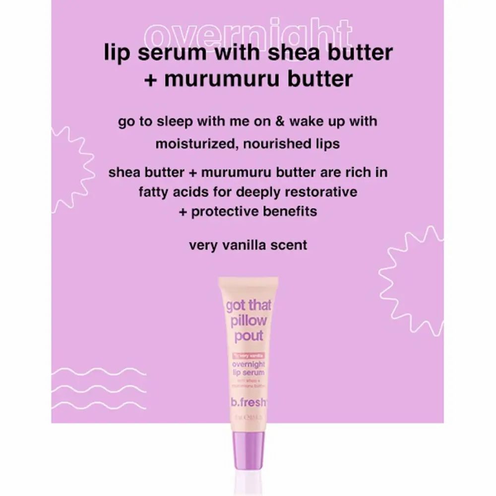 Product op paarse achtergrond. Tekst: overnight lip serum met shea en murumuru boter. Product: Got that pillow pout, b.fresh.