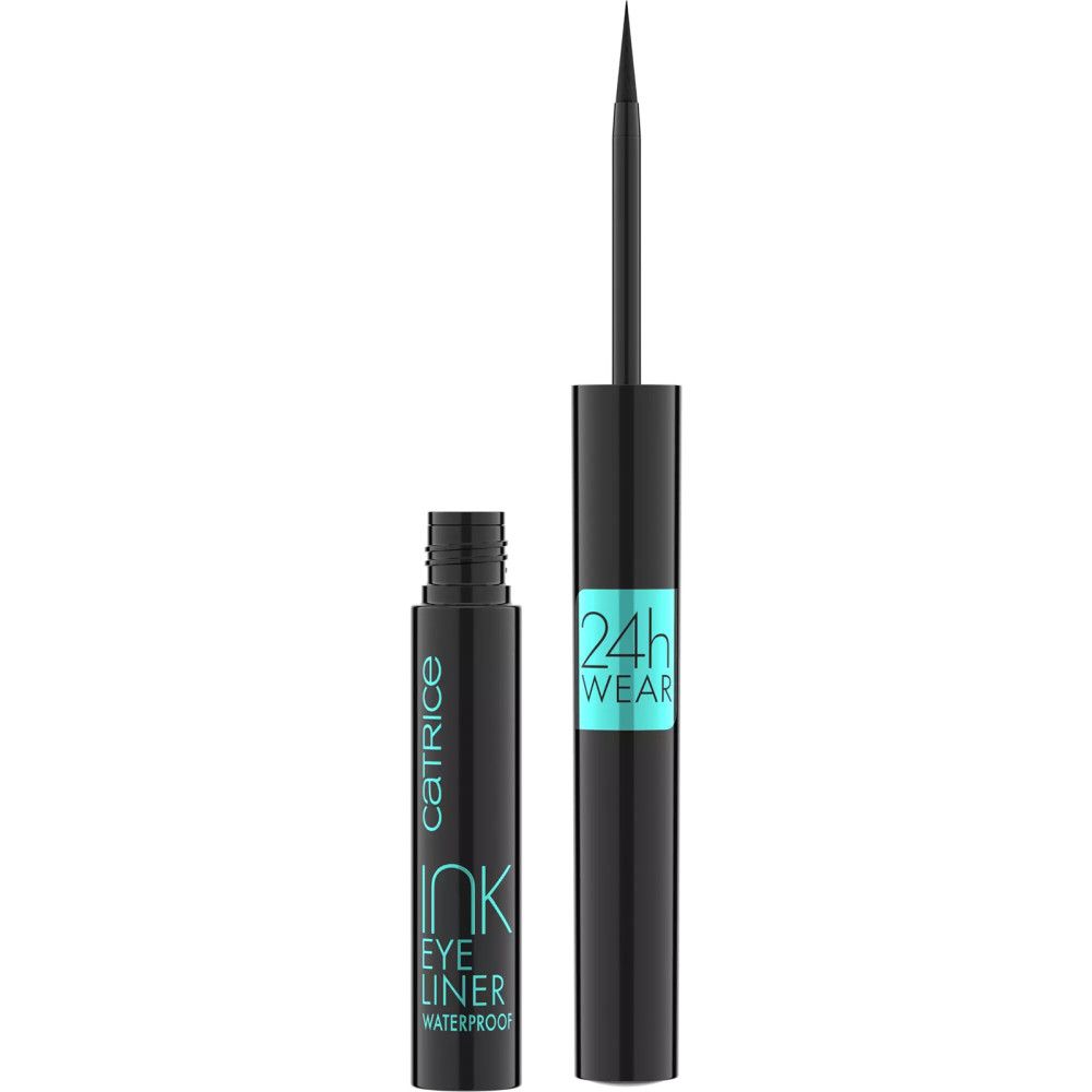 Stylo eye-liner noir avec capuchon ouvert. Inscriptions: CATRICE, INK EYE LINER WATERPROOF, 24h WEAR.