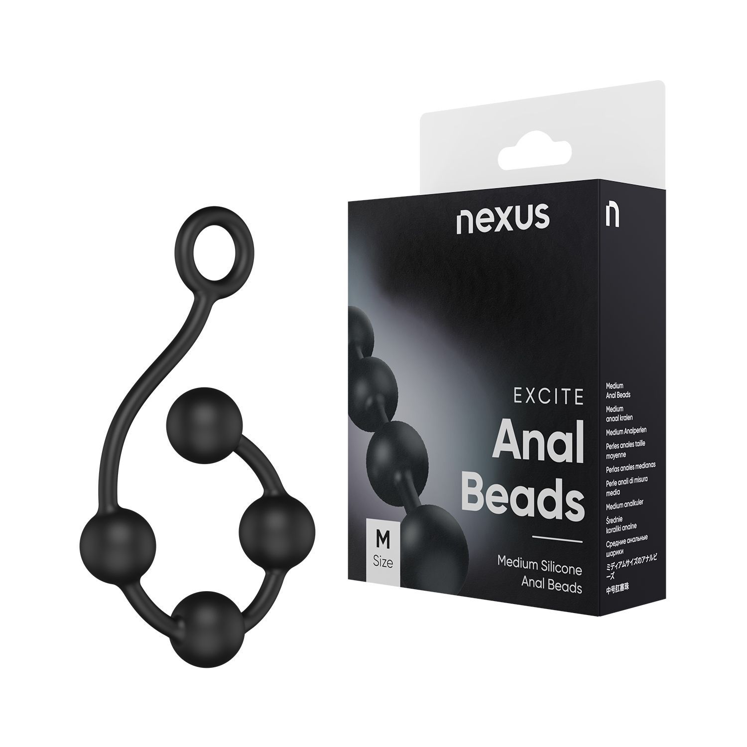 Perles anales noires, 4 billes et anneau. Emballage avec nom du produit, marque et taille.