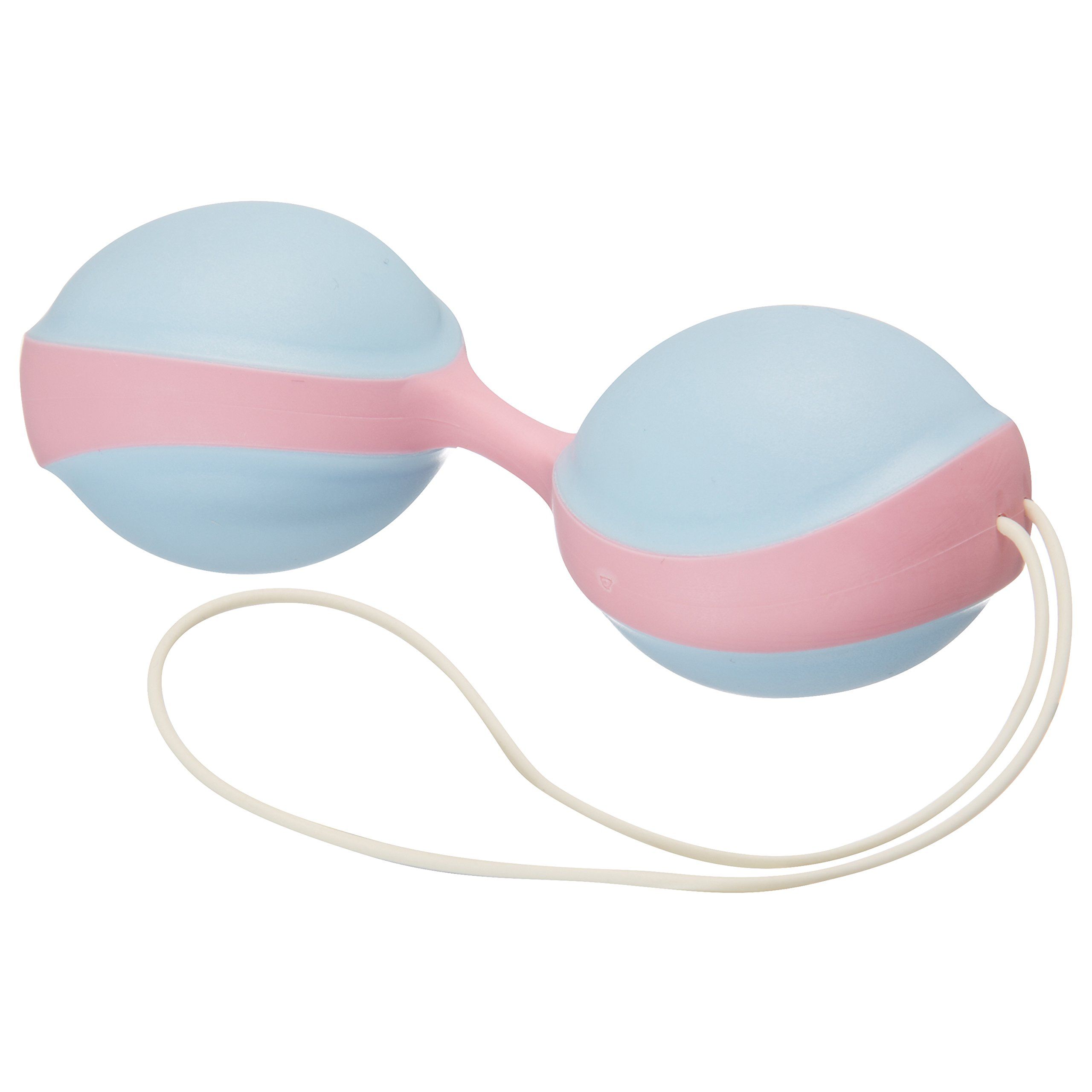 Deux boules vaginales sphériques, bleues avec des bandes roses, reliées par une pièce courte et flexible, avec un cordon.