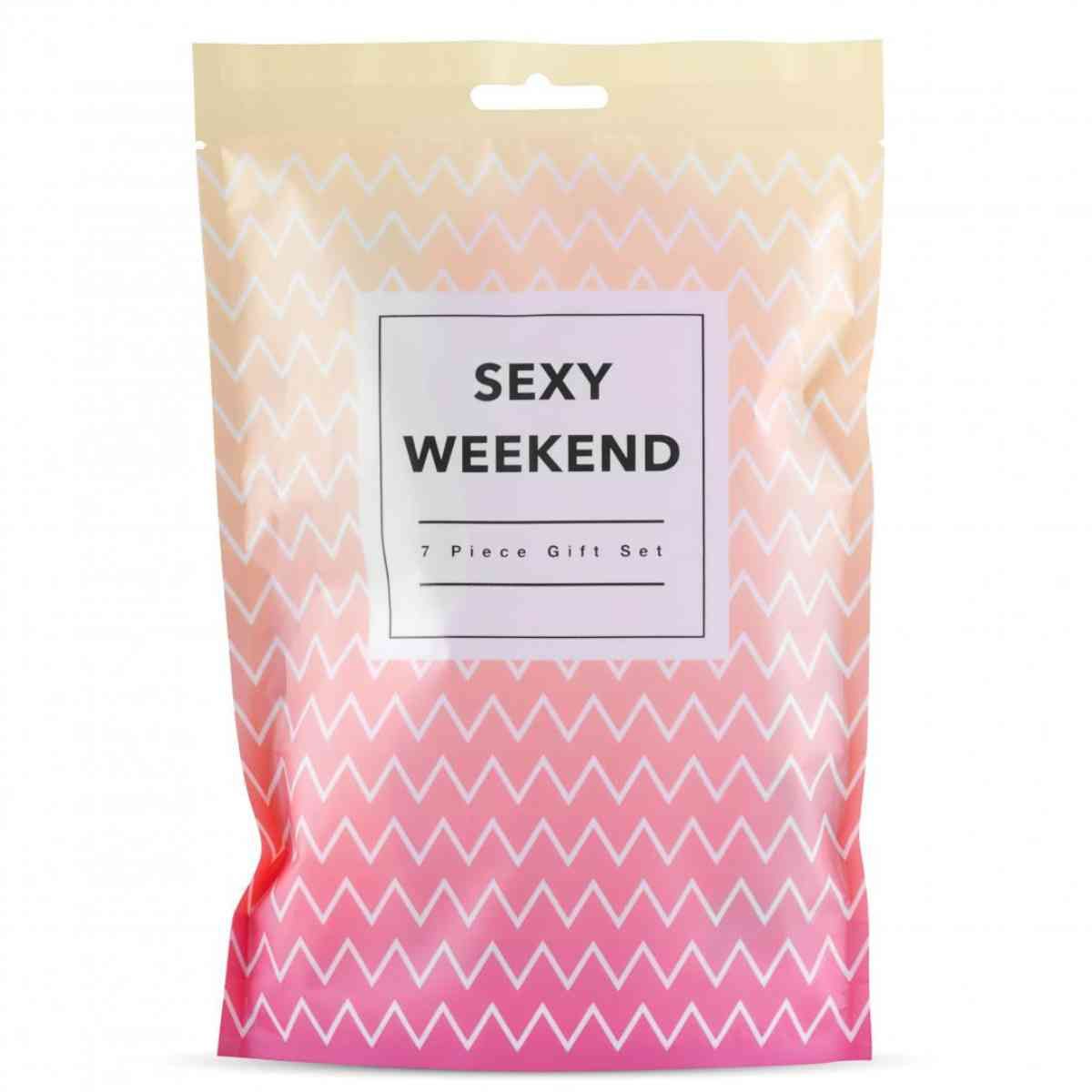 Emballage cadeau "SEXY WEEKEND". Motif zigzag rose et blanc. Rectangle blanc avec texte. Dispositif de suspension.