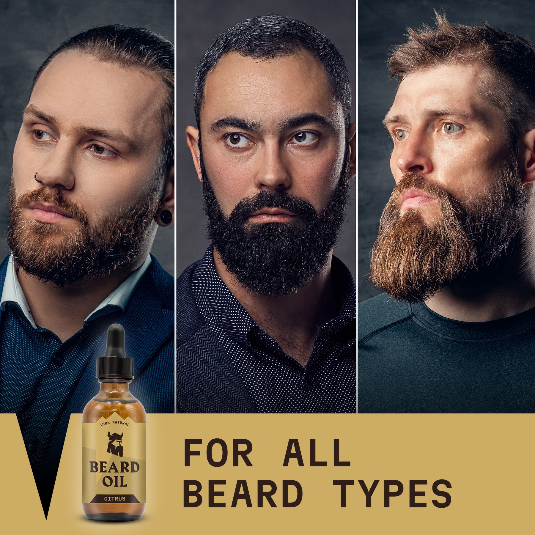 Hommes aux styles de barbe variés avec de l'huile à barbe.