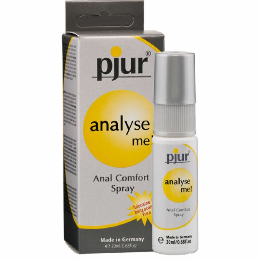 Verpakking en sprayfles. Geel logo en tekst "analyse me!". Bevat geen lidocaïne en benzocaïne.