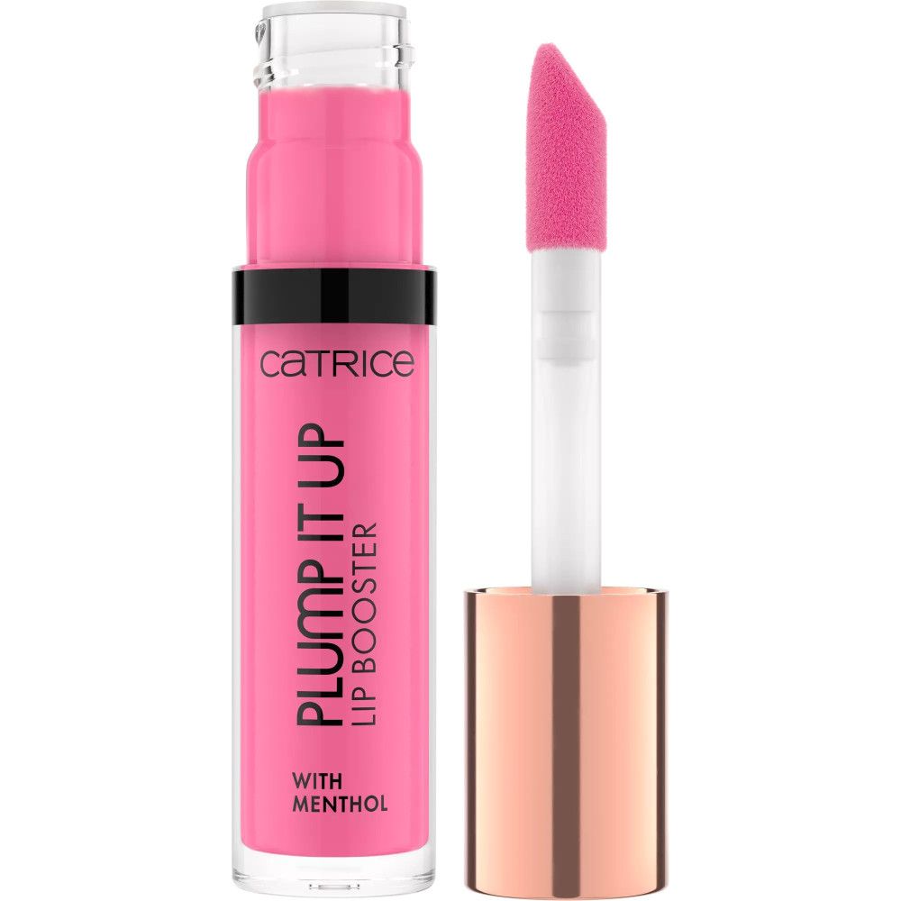 Roze lipversterker met open applicator. Merk en tekst zichtbaar.
