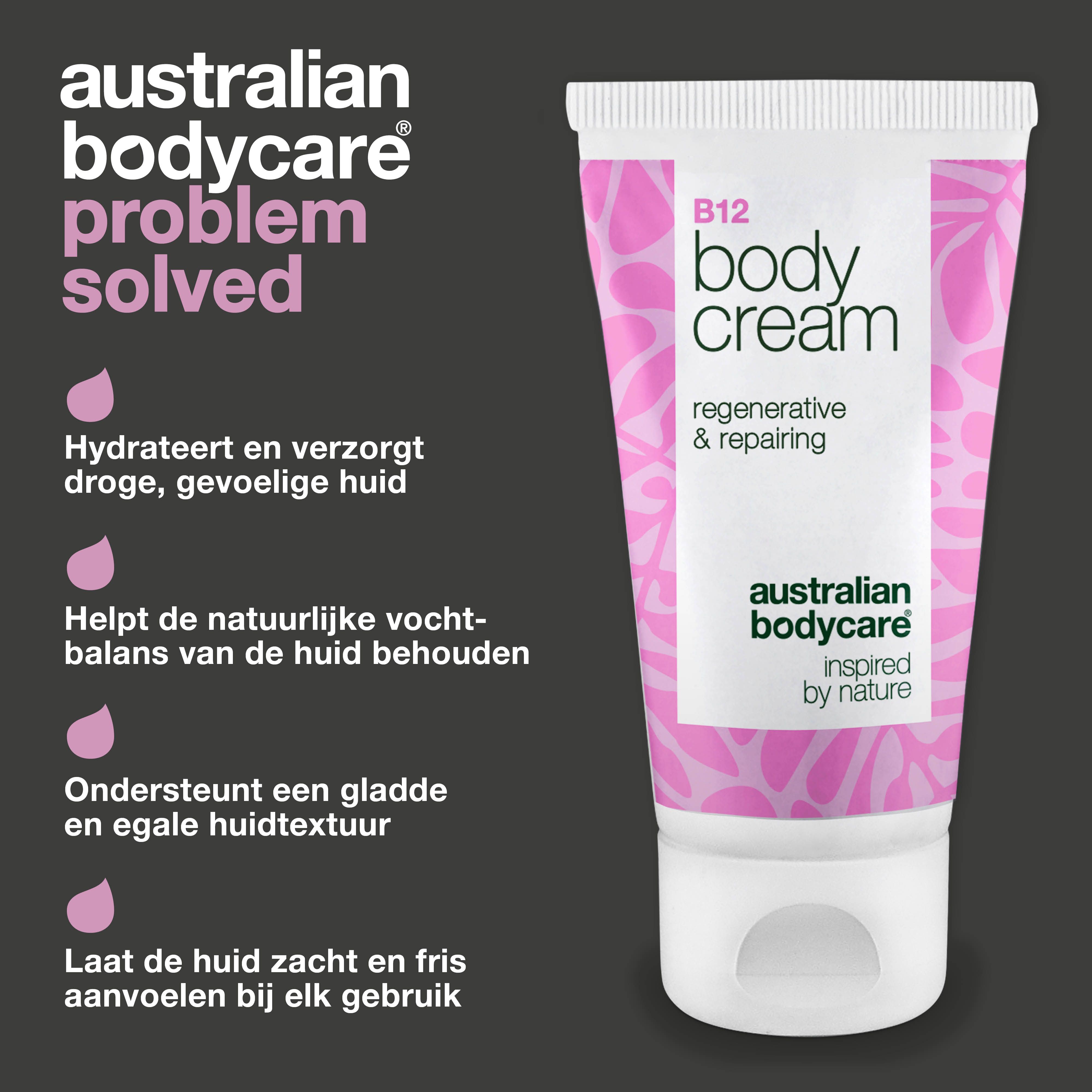 Tube B12 Body Cream met tekst: hydrateert en verzorgt droge, gevoelige huid. Helpt vochtbalans te behouden.