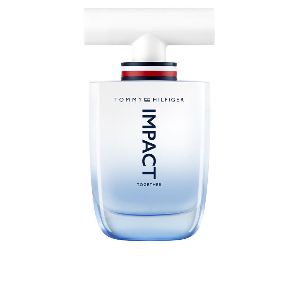 Tommy Hilfiger Impact Together Eau de Toilette fles. Witte dop, blauw glas. Tekst: IMPACT TOGETHER.
