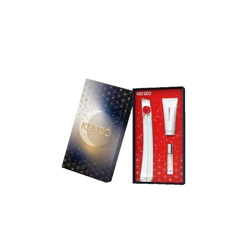 Kenzo geschenkset met parfum, bodylotion en roller. Wit parfum met rode bloem. Rode achtergrond met sterren. Kenzo logo.