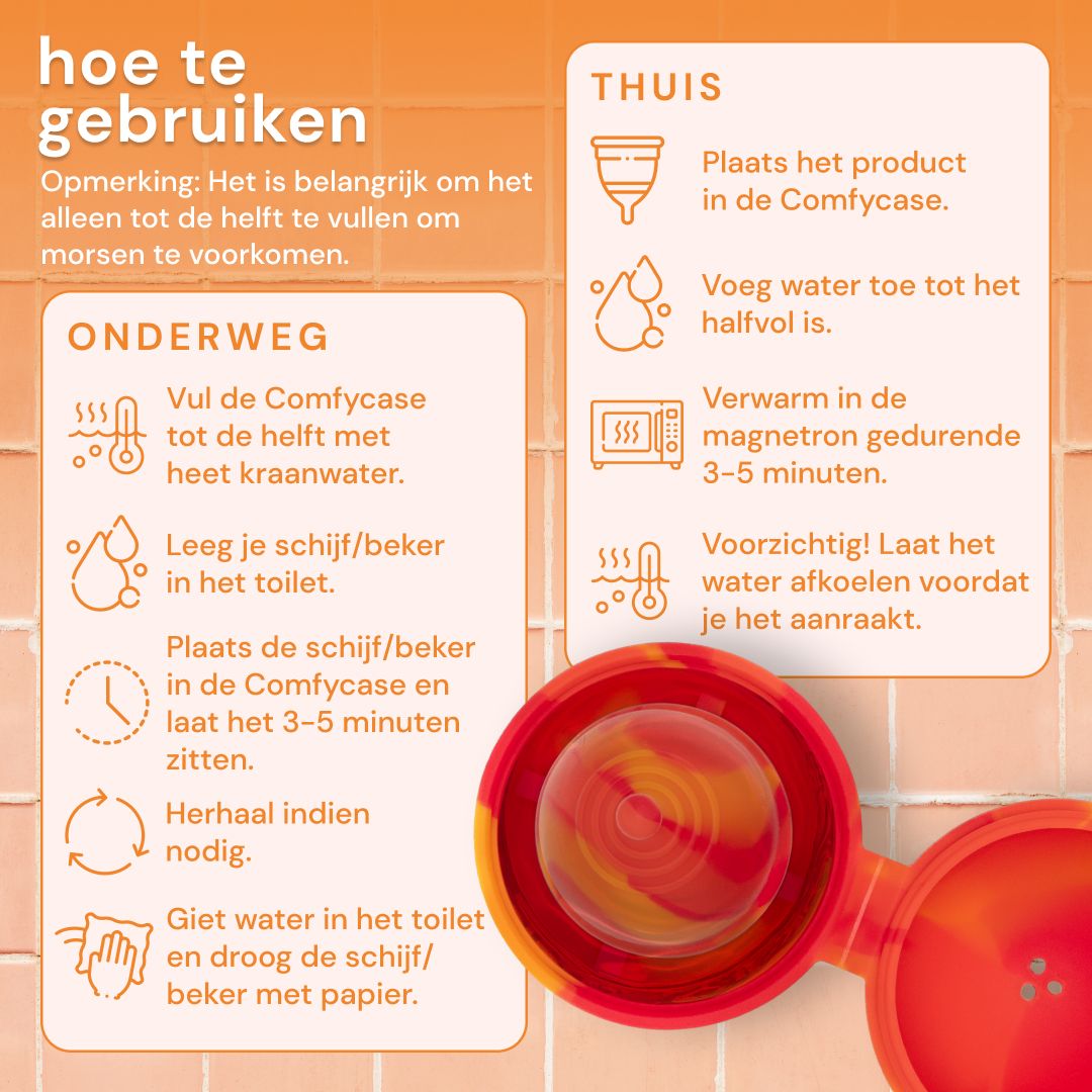 Rood en oranje sterilisatiehoesje voor menstruatiecups en -schijven, afmetingen 92,5mm x 58,5mm.
