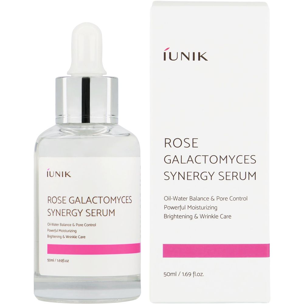 Glazen fles en verpakking. Opschrift: iUNIK Rose Galactomyces Synergy Serum. Roze streep en tekst. Pipet.