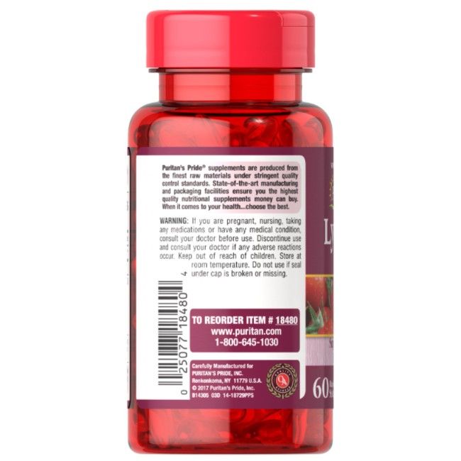 Flacon transparent de gélules rouges. Inscription : Lycopène. Code-barres et informations fabricant visibles.