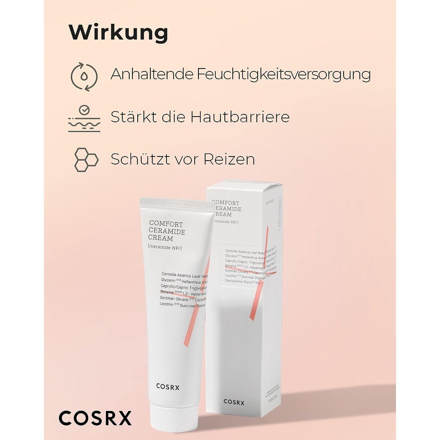 Product en verpakking. Tube en doos Comfort Ceramide Cream. Merk COSRX. Roze accent.