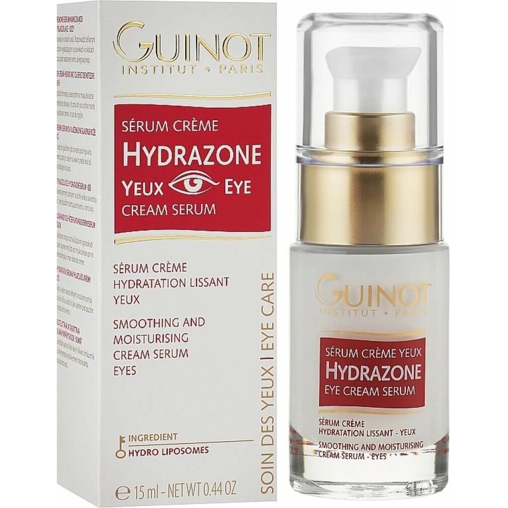 Verpakking en fles. Opschrift: Guinot, Hydrazone Yeux Eye Cream Serum. Witte verpakking met rood etiket en fles.