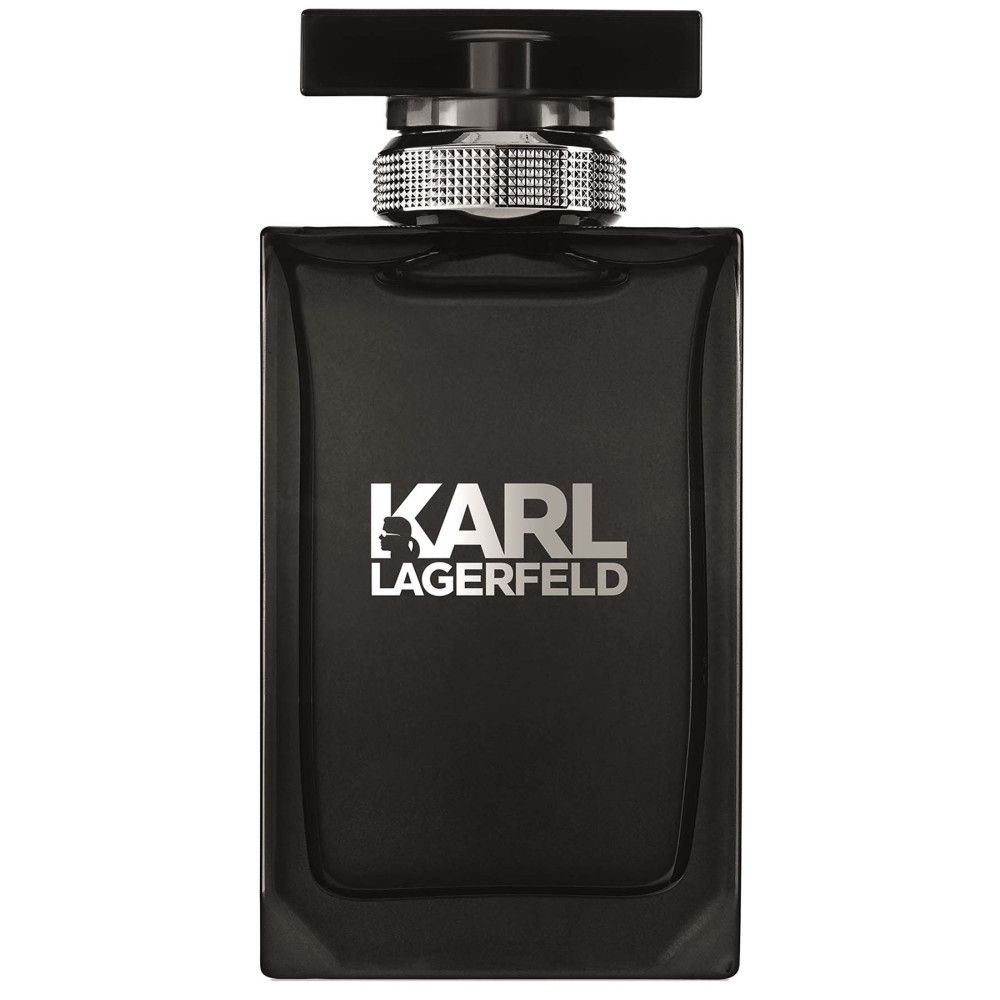 Flacon en verre noir Karl Lagerfeld Pour Homme Eau de Toilette avec anneau argenté moleté sous le bouchon noir.