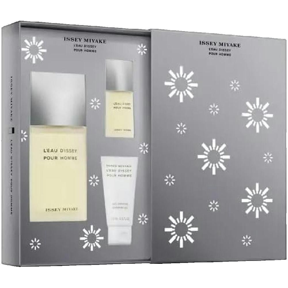 Geschenkset L'Eau d'Issey Pour Homme. Fles, miniatuur en tube in grijze doos met sterrenpatroon. Opschriften.
