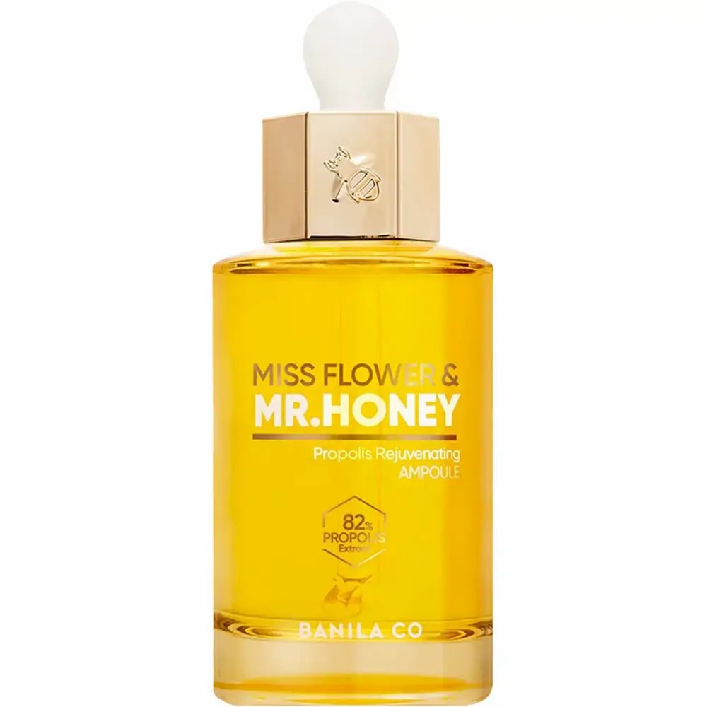 Glazen fles met goudkleurig serum. Opschrift: Miss Flower & Mr. Honey. 82% Propolis Extract. Witte deksel.